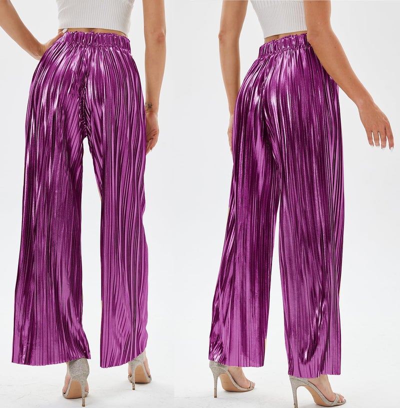 heipeiwa Women's Shiny Pleated Wide Leg Pants Party Nightout High Waist Trouser Folded Lightweight Outfit Clubwear Hot Pink - Image 5