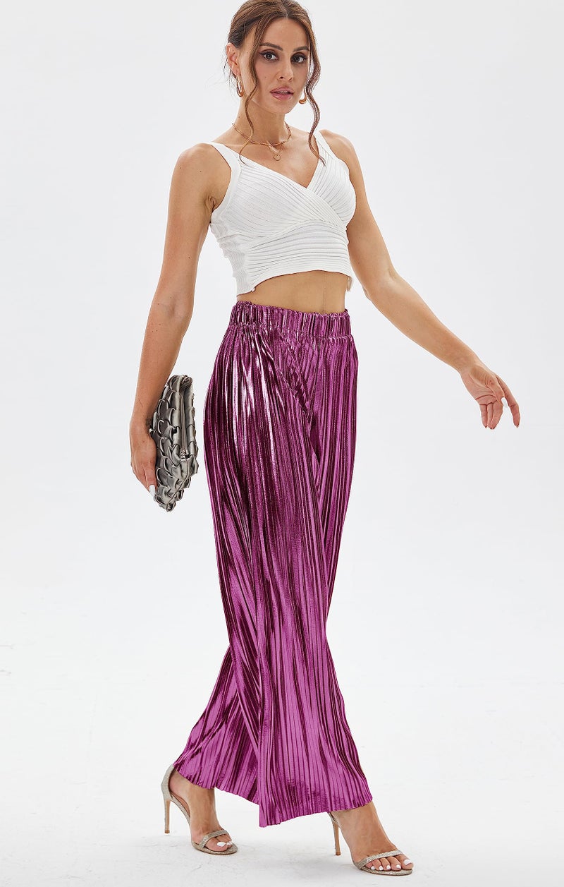 heipeiwa Women's Shiny Pleated Wide Leg Pants Party Nightout High Waist Trouser Folded Lightweight Outfit Clubwear Hot Pink - Image 4