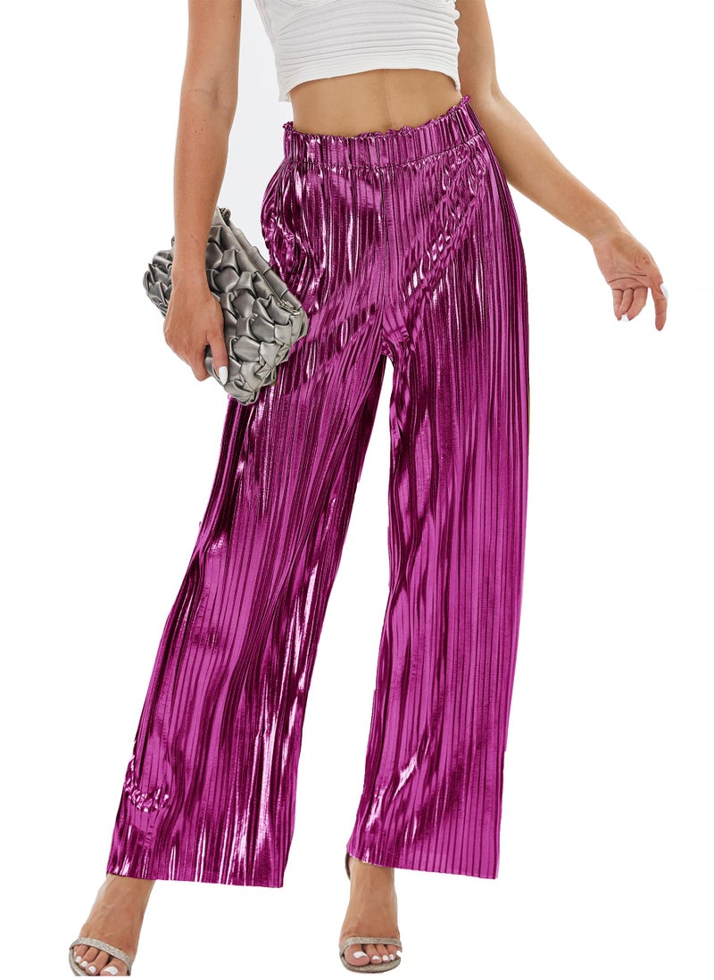 heipeiwa Women's Shiny Pleated Wide Leg Pants Party Nightout High Waist Trouser Folded Lightweight Outfit Clubwear Hot Pink - Image 2