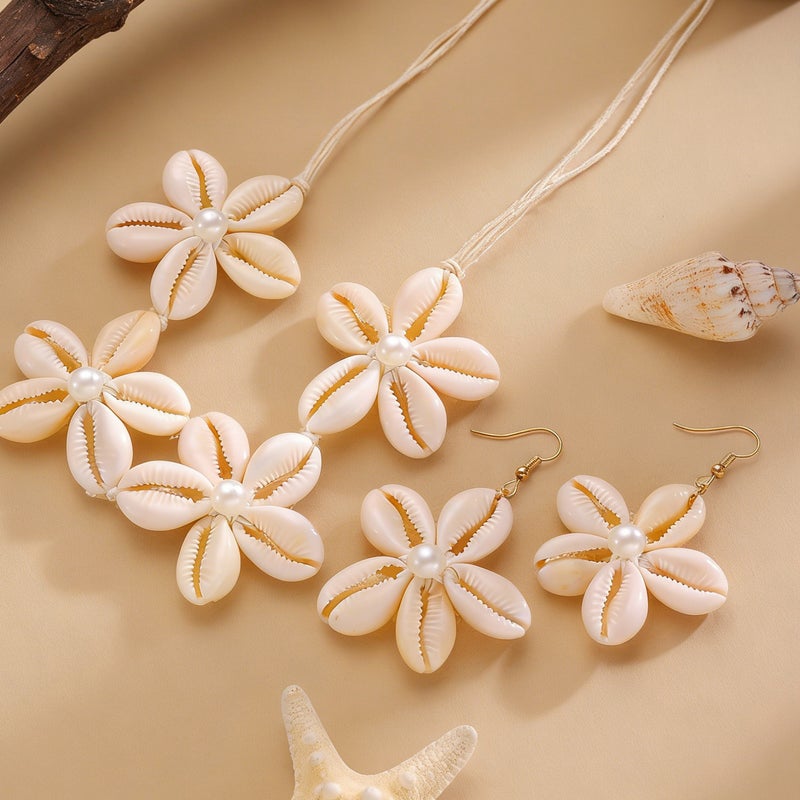 ofeankri Cross-Border Beach Resort Style Pearl Shell Flower Design Women's Earrings Necklace Exaggerated Fresh Casual Accessories - Image 4