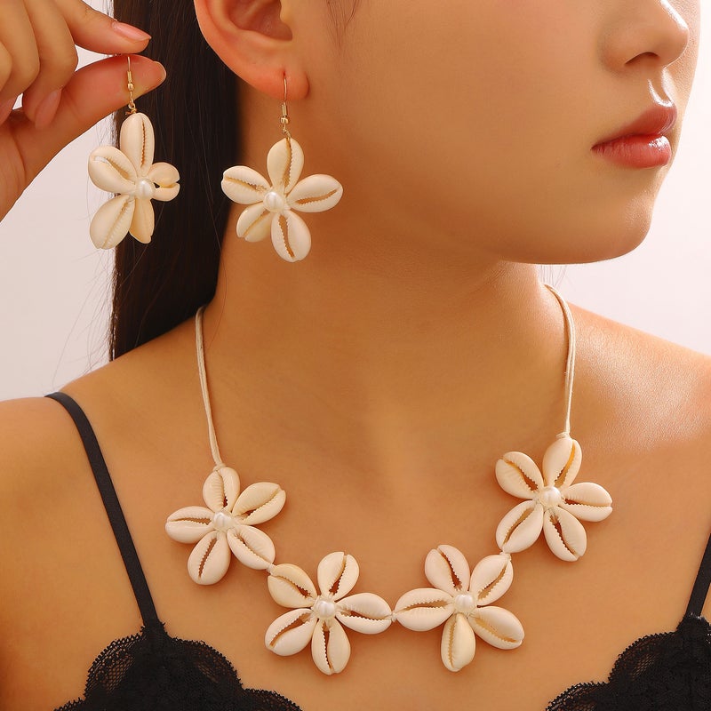 ofeankri Cross-Border Beach Resort Style Pearl Shell Flower Design Women's Earrings Necklace Exaggerated Fresh Casual Accessories - Image 1