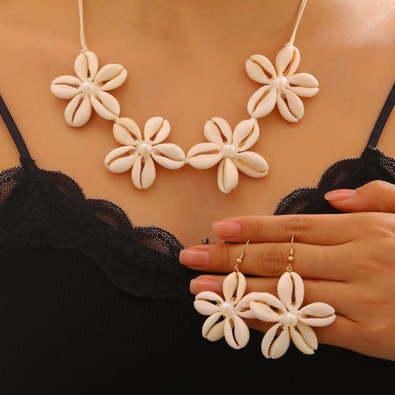 ofeankri Cross-Border Beach Resort Style Pearl Shell Flower Design Women's Earrings Necklace Exaggerated Fresh Casual Accessories - Image 2