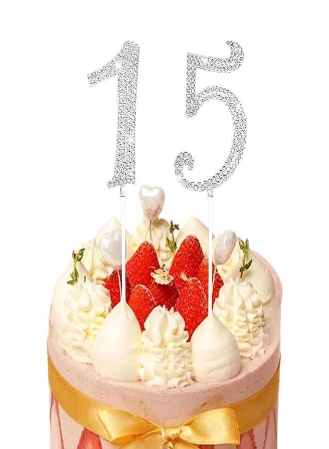 DOPENSPI 15 Cake Topper, Rhinestone 15th Birthday Cake Topper Happy 15 Crystal Rhinestones Cakes Toppers Crystal Rhinestones Birthdays Cakes Decoration for Quinceanera Birthday Anniversary(Silver) - Image 1