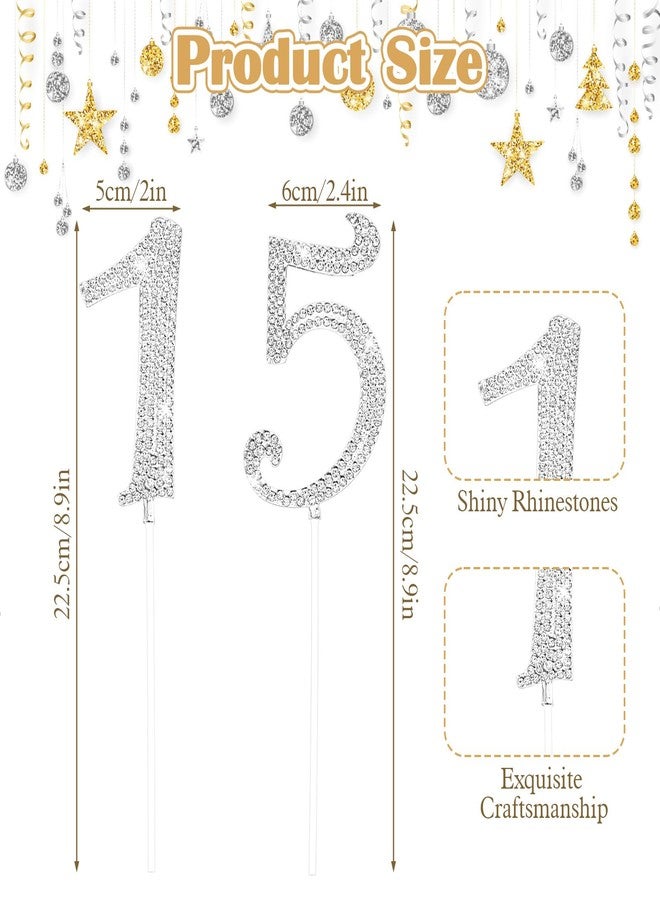 DOPENSPI 15 Cake Topper, Rhinestone 15th Birthday Cake Topper Happy 15 Crystal Rhinestones Cakes Toppers Crystal Rhinestones Birthdays Cakes Decoration for Quinceanera Birthday Anniversary(Silver) - Image 2