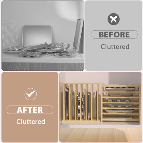 Exttlliy 7 Tier Wooden Tray Dividers for Cabinets, Baking Cookie Sheet Organizer, Vertical/Horizontal Cabinet Dividers for Pots, Cutting Board, Pans, Kitchen Organizers and Storage (7 Tier) - Image 4