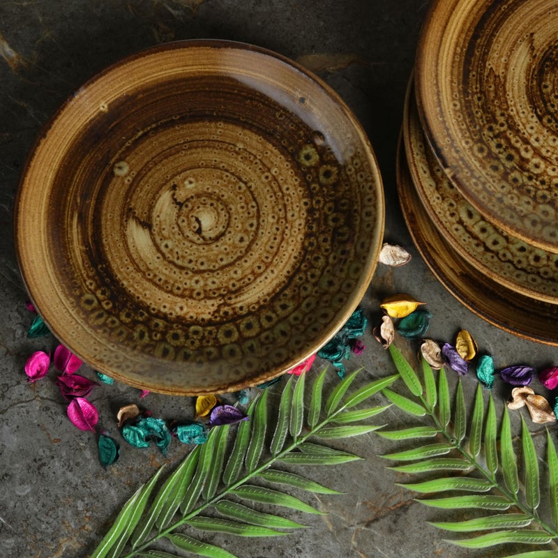 Caffeine Ceramic Handmade Stoneware Brown Wooden Quarter Plate 7”(Set of 6 Microwave & Dishwasher Safe) - Image 2