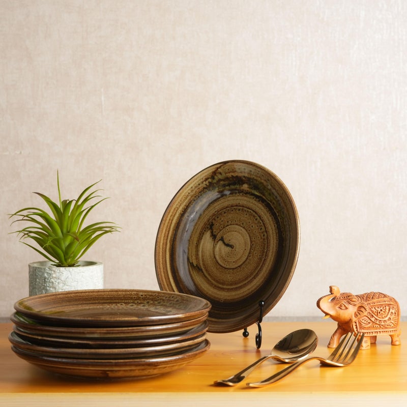 Caffeine Ceramic Handmade Stoneware Brown Wooden Quarter Plate 7”(Set of 6 Microwave & Dishwasher Safe) - Image 1