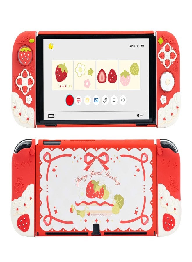 GeekShare Protective Case for Switch OLED Slim Cover Case Compatible with Switch OLED Separable Soft Silicone Protective Shell for Game Console with 2 Thumb Grip Caps - Spring Special Strawberry - Image 1