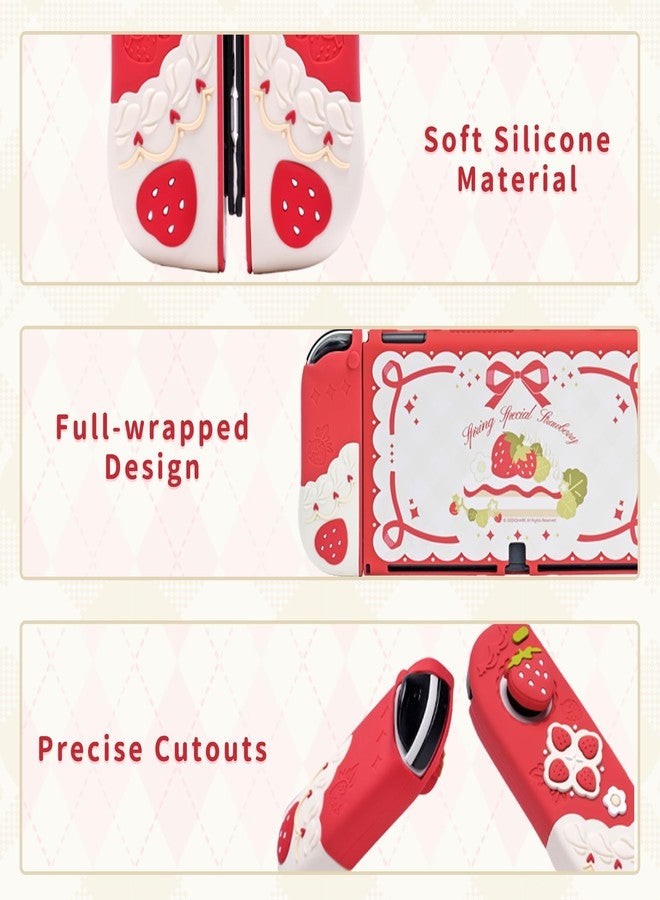 GeekShare Protective Case for Switch OLED Slim Cover Case Compatible with Switch OLED Separable Soft Silicone Protective Shell for Game Console with 2 Thumb Grip Caps - Spring Special Strawberry - Image 3