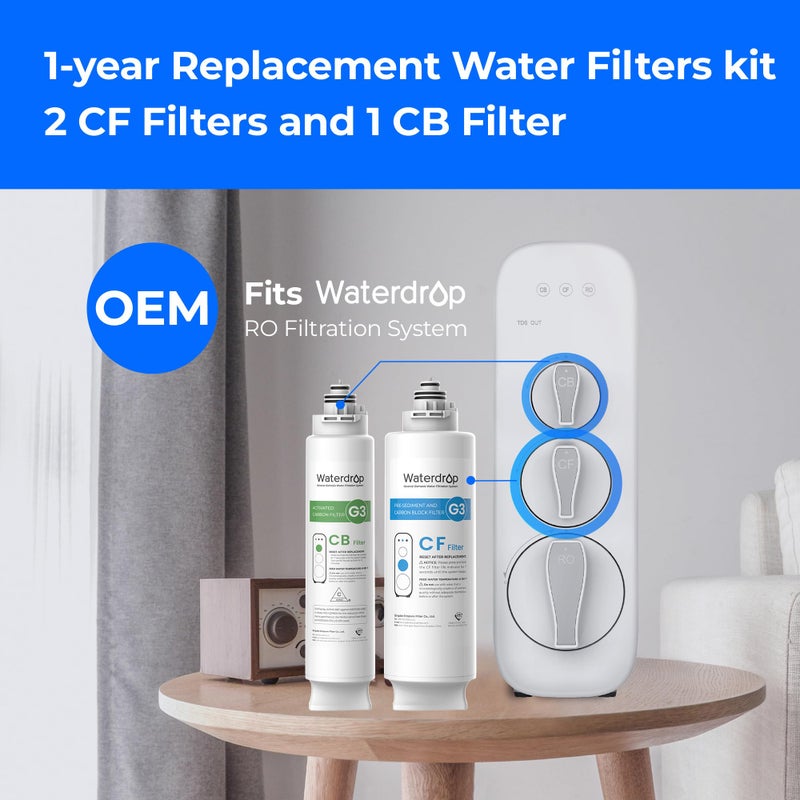 Waterdrop G3-2CFCB Filter, Replacement for Waterdrop G3-W & G3P600 & G3P800 Reverse Osmosis System, Pack of 2 G3-N1CF Filters and 1 G3-N3CB Filter, 1-Year Combo - Image 2