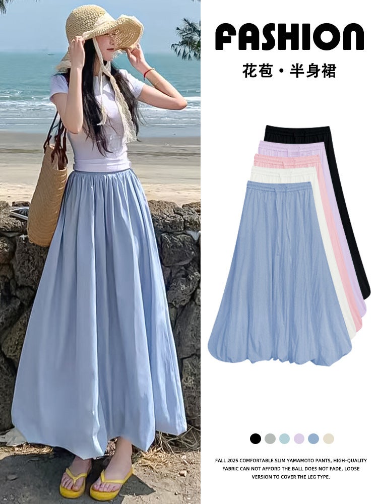 Blue Fluffy Flower Bud Skirt For Women Summer High-Waist Slimming Look A-Line Ice Silk Fluffy Lantern Skirt - Image 2