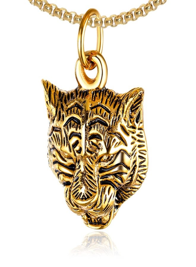 Xusamss Punk Rock Stainless Steel Animal Tiger Head Tag Pendant Charm Necklace(Gold) - Image 1