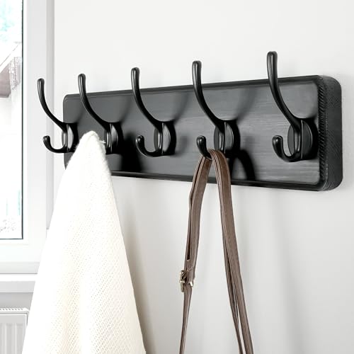Dseap Coat Rack Wall Mount: Modern, Patented, Heavy-Duty, 17.4" Long 5-Double-Hooks Wooden Hanger Hook Rail for Winter Coats Hat Jacket Clothing, Black - Image 4