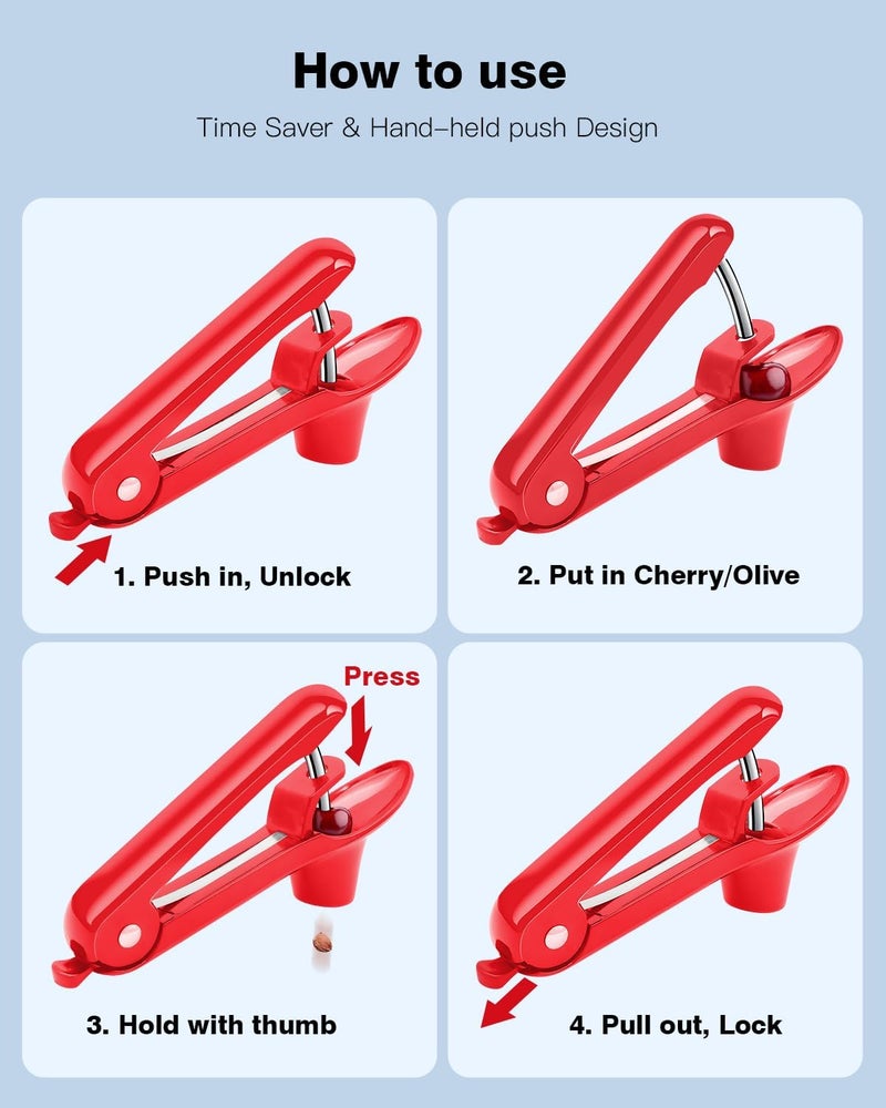Dumsud Cherry Pitter, Olive Pit Remover Tool Cherries Corer Pitter with Hand-held Push, Olives Seed Corer with lock design, Durable Remove Cherries Pit corer for Cherry Jam -Red - Image 4