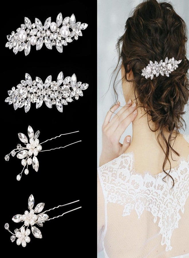 Aprince Rhinestone Wedding Hair Clips Hair Pins 4Pcs Crystal Fancy Barrettes for Thick Thin Hair Bridal Wedding Hair Accessories for Women Girls (Silver) - Image 1