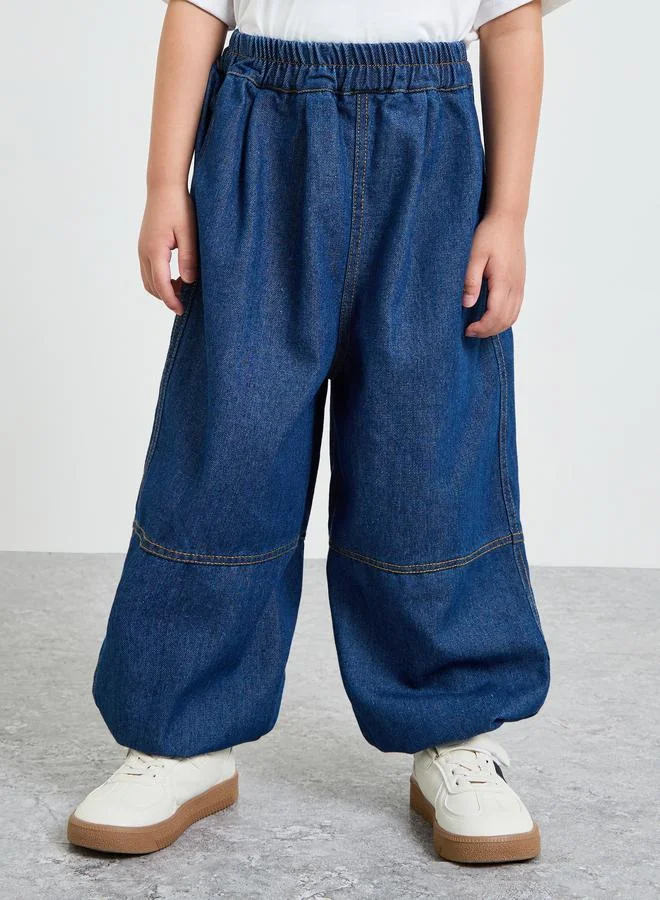 Styli Boys Dark Blue Cut And Sew Panel Baggy Jeans