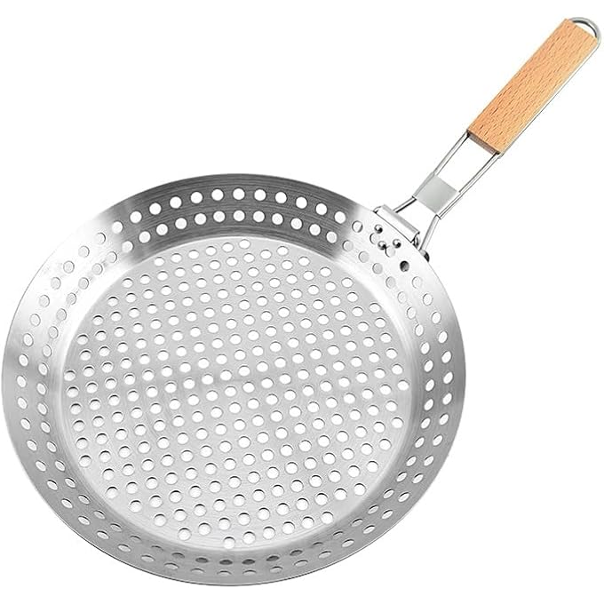 Bafnsiji Stainless Steel Grill Pan With Hole NonStick Bbq Frying Pan NonStick Barbecue Skillet 430 Stainless Steel Grilling Pans Folding Wooden Handle Bbq Pan - Image 1