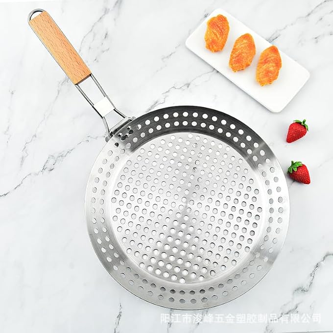 Bafnsiji Stainless Steel Grill Pan With Hole NonStick Bbq Frying Pan NonStick Barbecue Skillet 430 Stainless Steel Grilling Pans Folding Wooden Handle Bbq Pan - Image 5