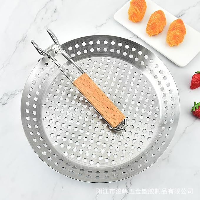Bafnsiji Stainless Steel Grill Pan With Hole NonStick Bbq Frying Pan NonStick Barbecue Skillet 430 Stainless Steel Grilling Pans Folding Wooden Handle Bbq Pan - Image 4