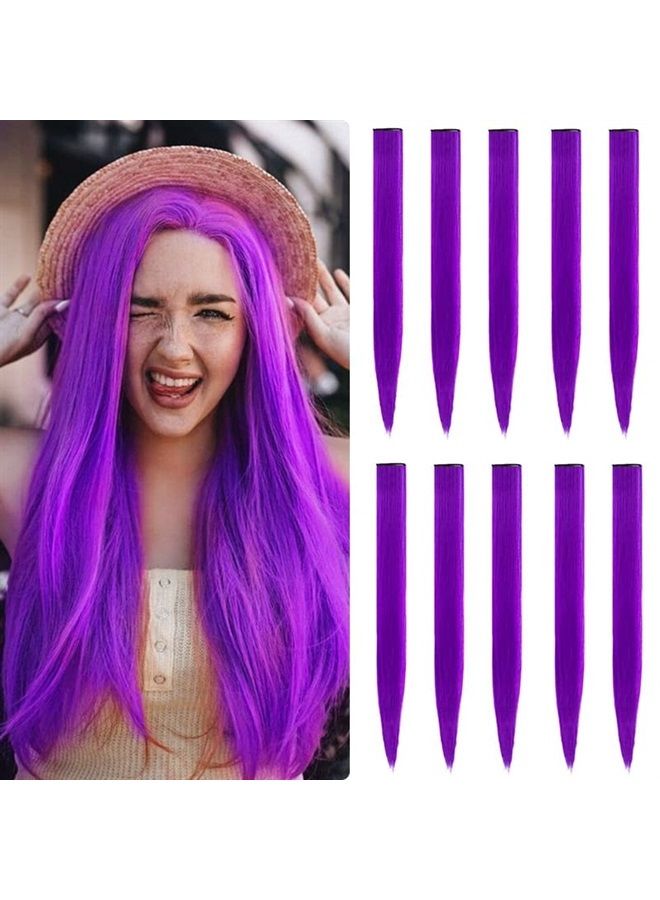 TOFAFA 22 inch Colored Hair Extensions Straight Hairpiece, Multi-colors Party Highlights Clip in Synthetic Hair Extensions for Kids Girls Cosplay Gift (10pcs Purple) - Image 1