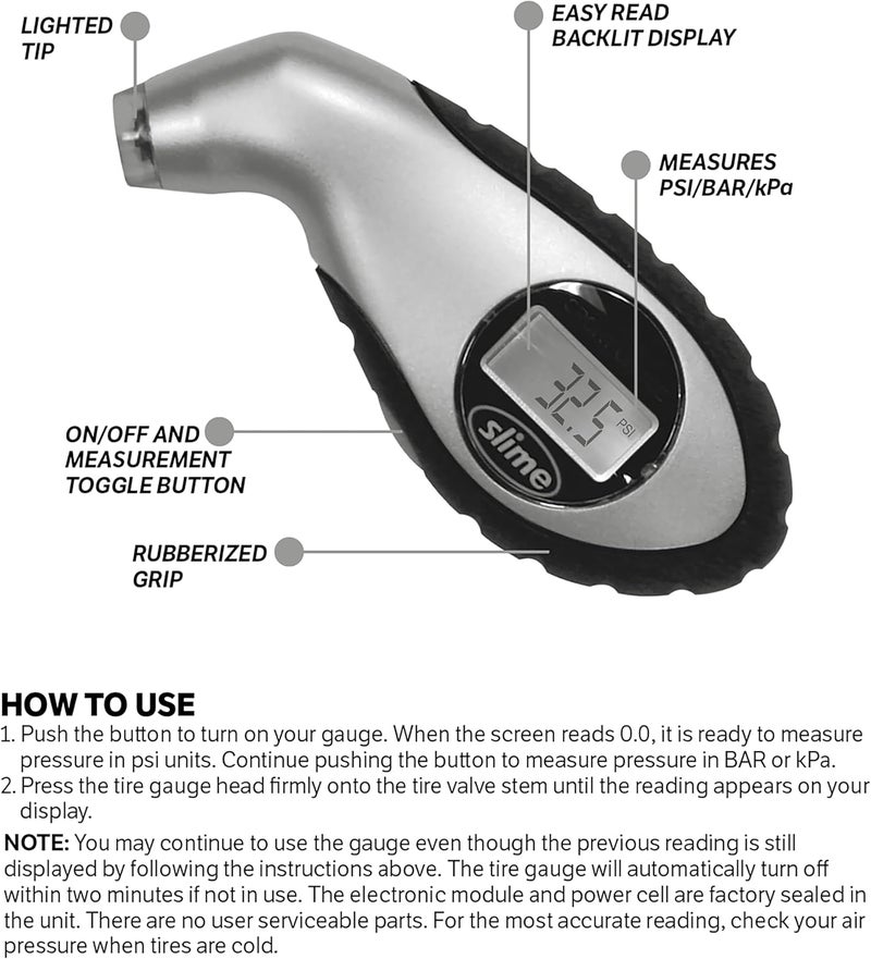 Slime Digital Tire Pressure Gauge with LED Display - Measures 5 to 150 PSI - Image 5