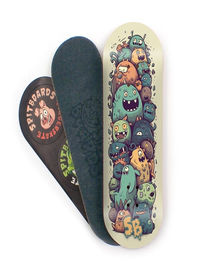 SPITBOARDS® 34mm Fingerboard Deck - Real Wood (5-Layers) Classic Popsicle Street Shape - Size: 34 x 96 mm - Single Graphic Deck (Real Wear) - Optimized Concave - Monster Party - Image 3