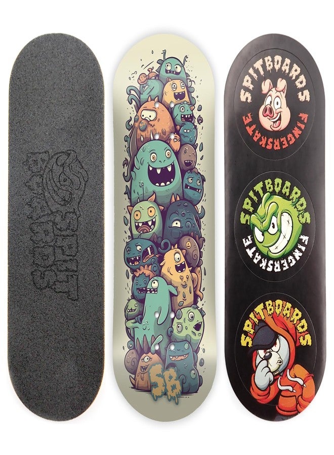 SPITBOARDS® 34mm Fingerboard Deck - Real Wood (5-Layers) Classic Popsicle Street Shape - Size: 34 x 96 mm - Single Graphic Deck (Real Wear) - Optimized Concave - Monster Party - Image 1