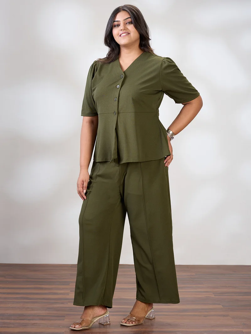 globus Globus Gloplus Women Olive V-Neck Puff Sleeves Solid Plus Size Top & Trousers Workwear Co-Ord Set