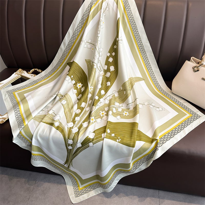 French lily flower scarf 90cm twill New elegant elegant square scarf women''s all-match sunscreen shawl scarf - Image 1
