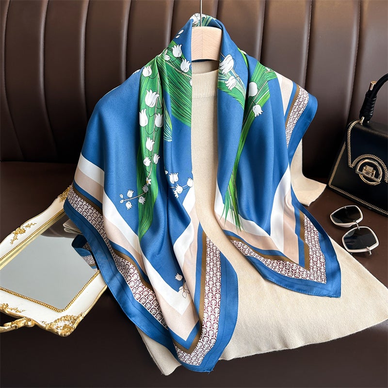 French lily flower scarf 90cm twill New elegant elegant square scarf women''s all-match sunscreen shawl scarf - Image 5