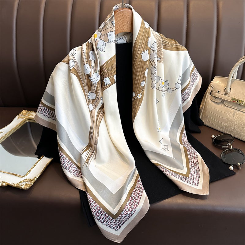French lily flower scarf 90cm twill New elegant elegant square scarf women''s all-match sunscreen shawl scarf - Image 2
