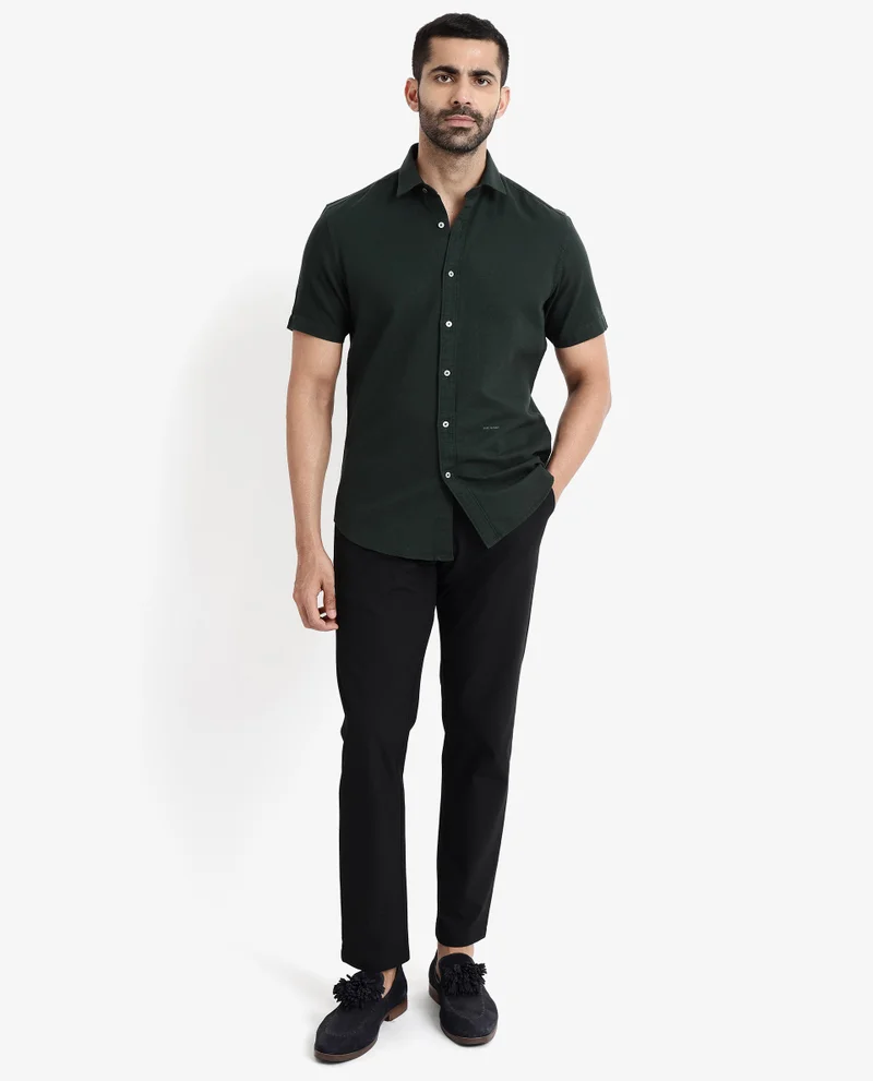 Rare Rabbit Rare Rabbit Men's Rissa Dark Green Cotton Fabric Half Sleeves Solid Dobby Shirt