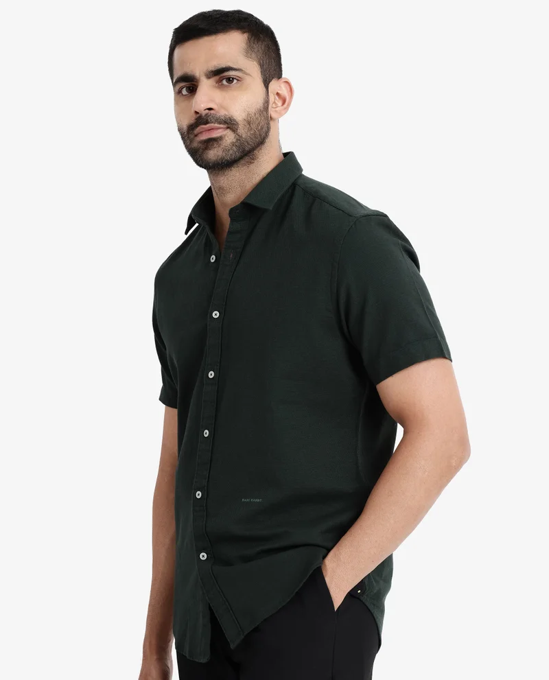 Rare Rabbit Rare Rabbit Men's Rissa Dark Green Cotton Fabric Half Sleeves Solid Dobby Shirt