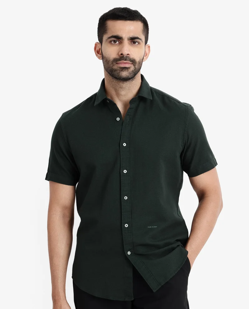 Rare Rabbit Rare Rabbit Men's Rissa Dark Green Cotton Fabric Half Sleeves Solid Dobby Shirt