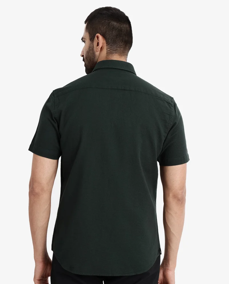 Rare Rabbit Rare Rabbit Men's Rissa Dark Green Cotton Fabric Half Sleeves Solid Dobby Shirt