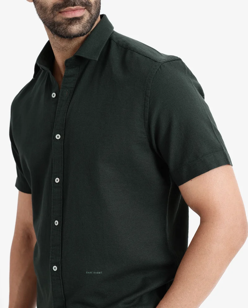 Rare Rabbit Rare Rabbit Men's Rissa Dark Green Cotton Fabric Half Sleeves Solid Dobby Shirt