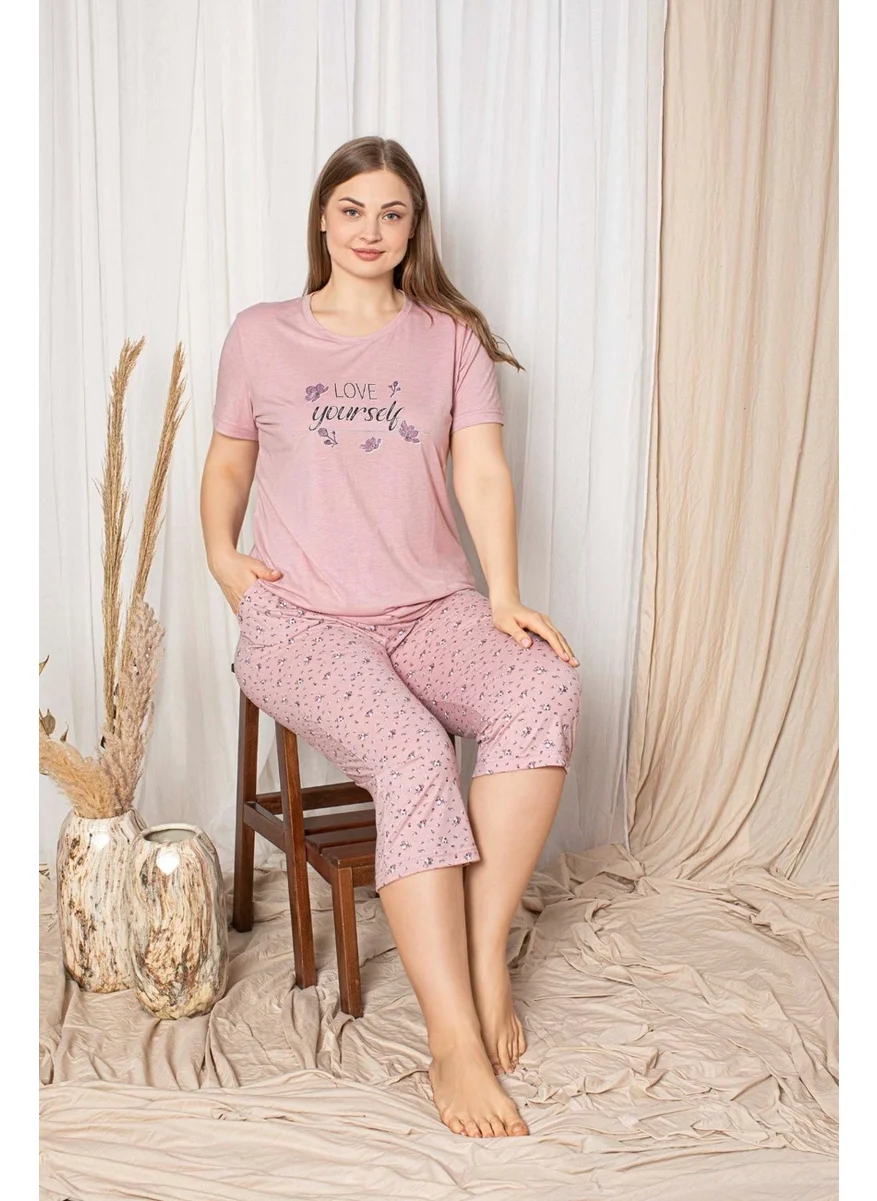 Bie'S Dusty Rose Floral Round Neck Buttonless Viscose Wide Oversized Plus Size Pocket Capri Pajama Set