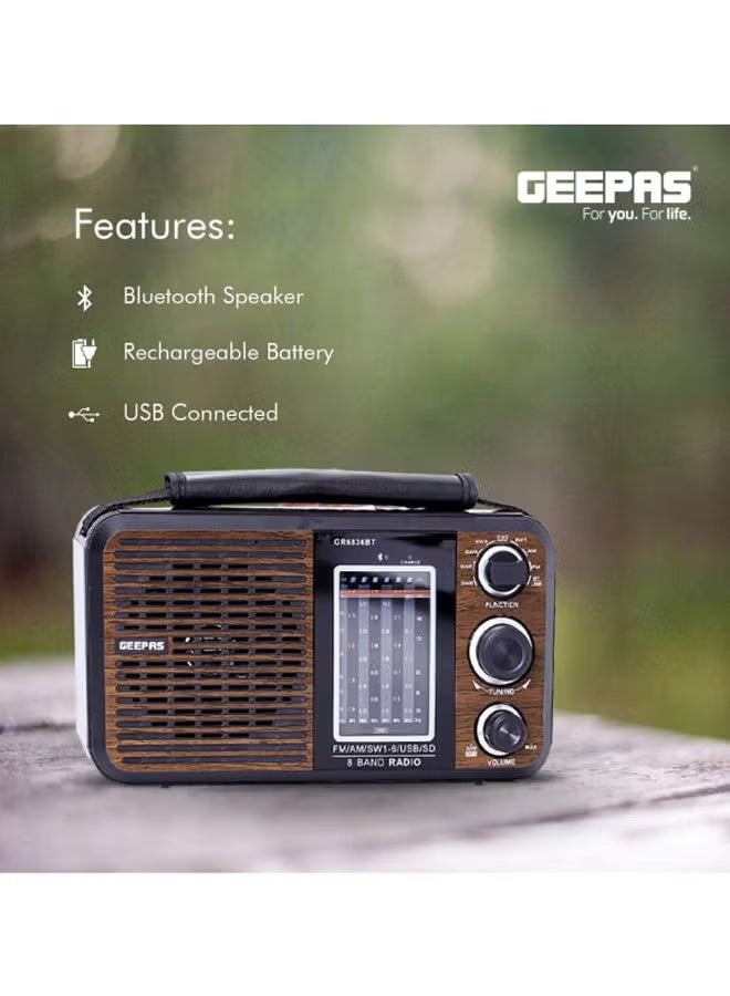 GEEPAS Portable Rechargeable FM Radio GR6836BT Brown/Black - Image 3
