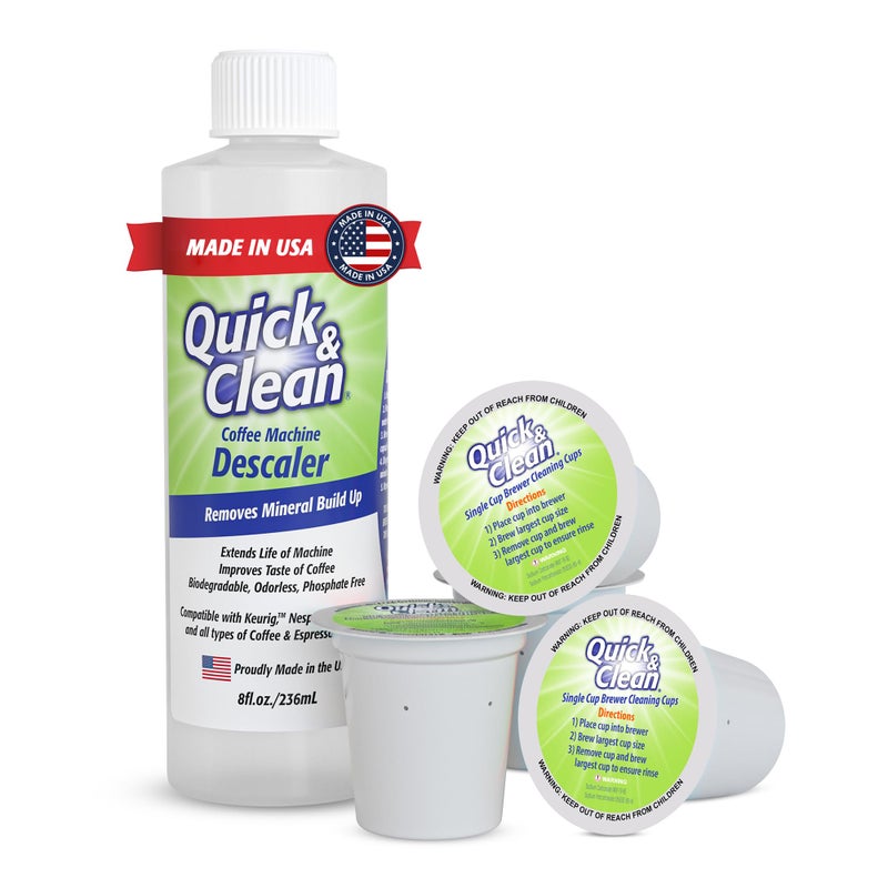 QUICK CLEAN Quick & Clean 4-Pack of Cleaning Cups with Descaler Bundle (2 Total Uses) - 2.0 Compatible, Descaling Solution for Keurig, Nespresso, Ninja, Delonghi, All Coffee and Espresso Machines - Image 1