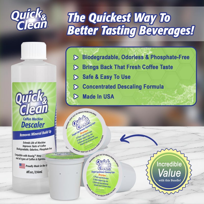 QUICK CLEAN Quick & Clean 4-Pack of Cleaning Cups with Descaler Bundle (2 Total Uses) - 2.0 Compatible, Descaling Solution for Keurig, Nespresso, Ninja, Delonghi, All Coffee and Espresso Machines - Image 2