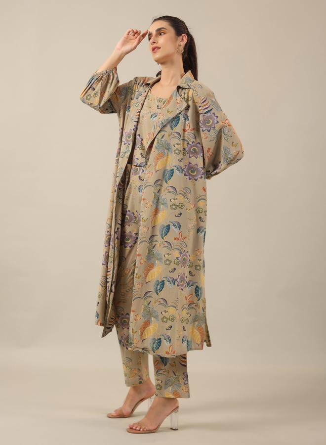 sanskrutihomes Sanskrutihomes Women Beige Floral Printed Pure Cotton Top and Pyjama Set with Jacket  - Image 2