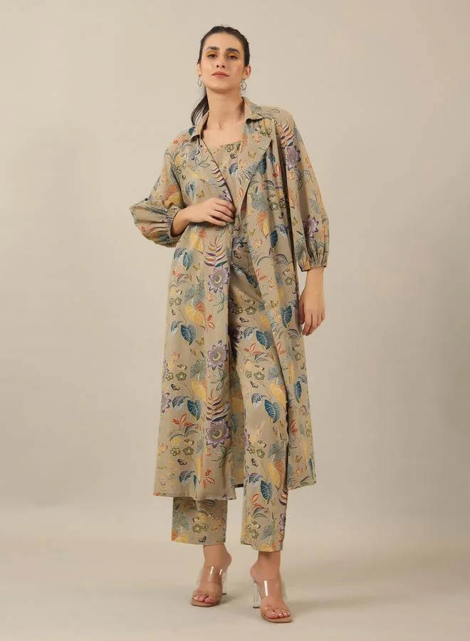 sanskrutihomes Sanskrutihomes Women Beige Floral Printed Pure Cotton Top and Pyjama Set with Jacket