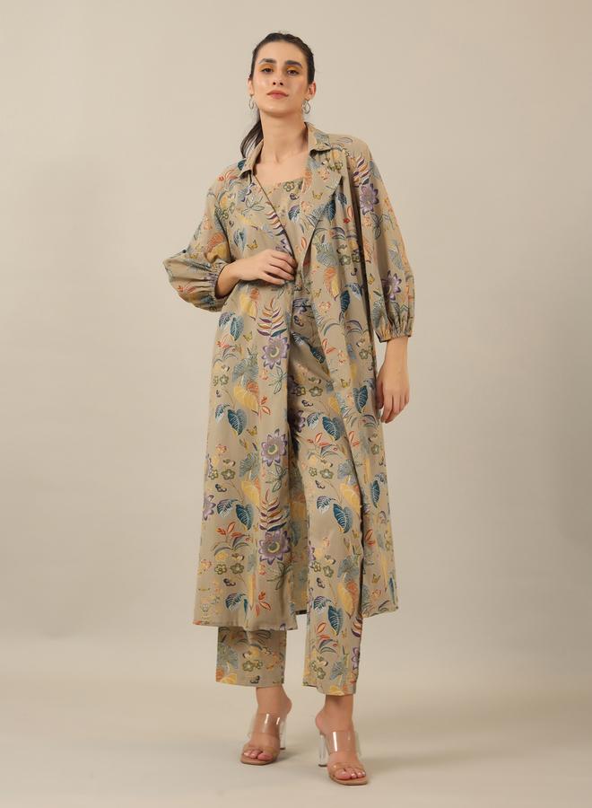 sanskrutihomes Sanskrutihomes Women Beige Floral Printed Pure Cotton Top and Pyjama Set with Jacket  - Image 1