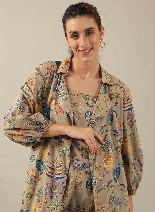 sanskrutihomes Sanskrutihomes Women Beige Floral Printed Pure Cotton Top and Pyjama Set with Jacket  - Image 4