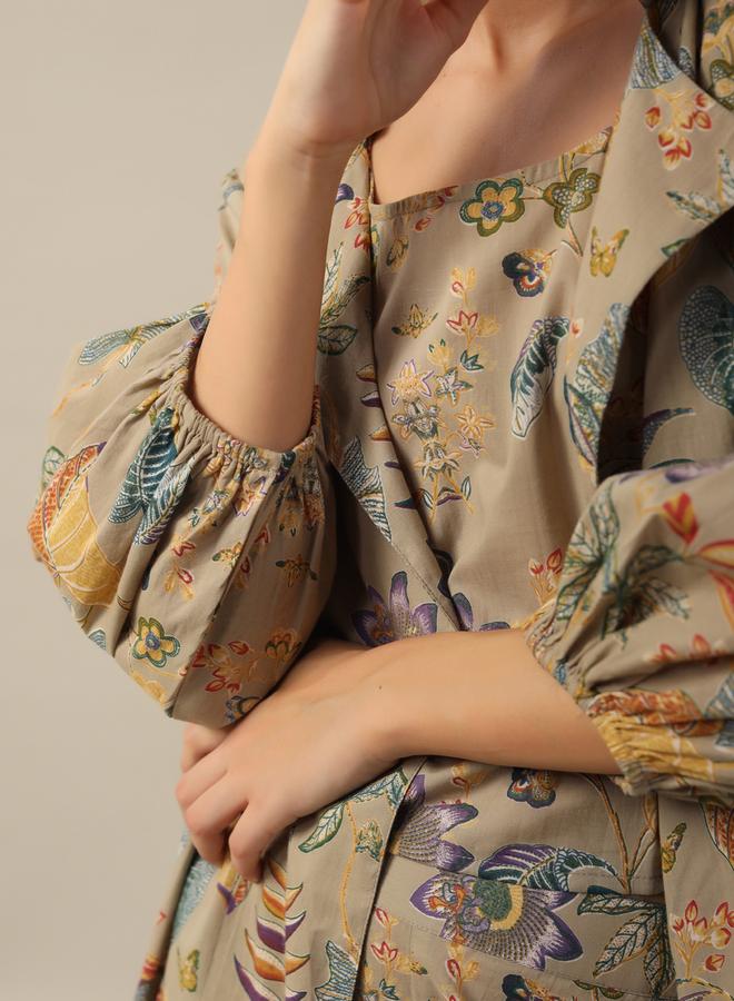 sanskrutihomes Sanskrutihomes Women Beige Floral Printed Pure Cotton Top and Pyjama Set with Jacket  - Image 5