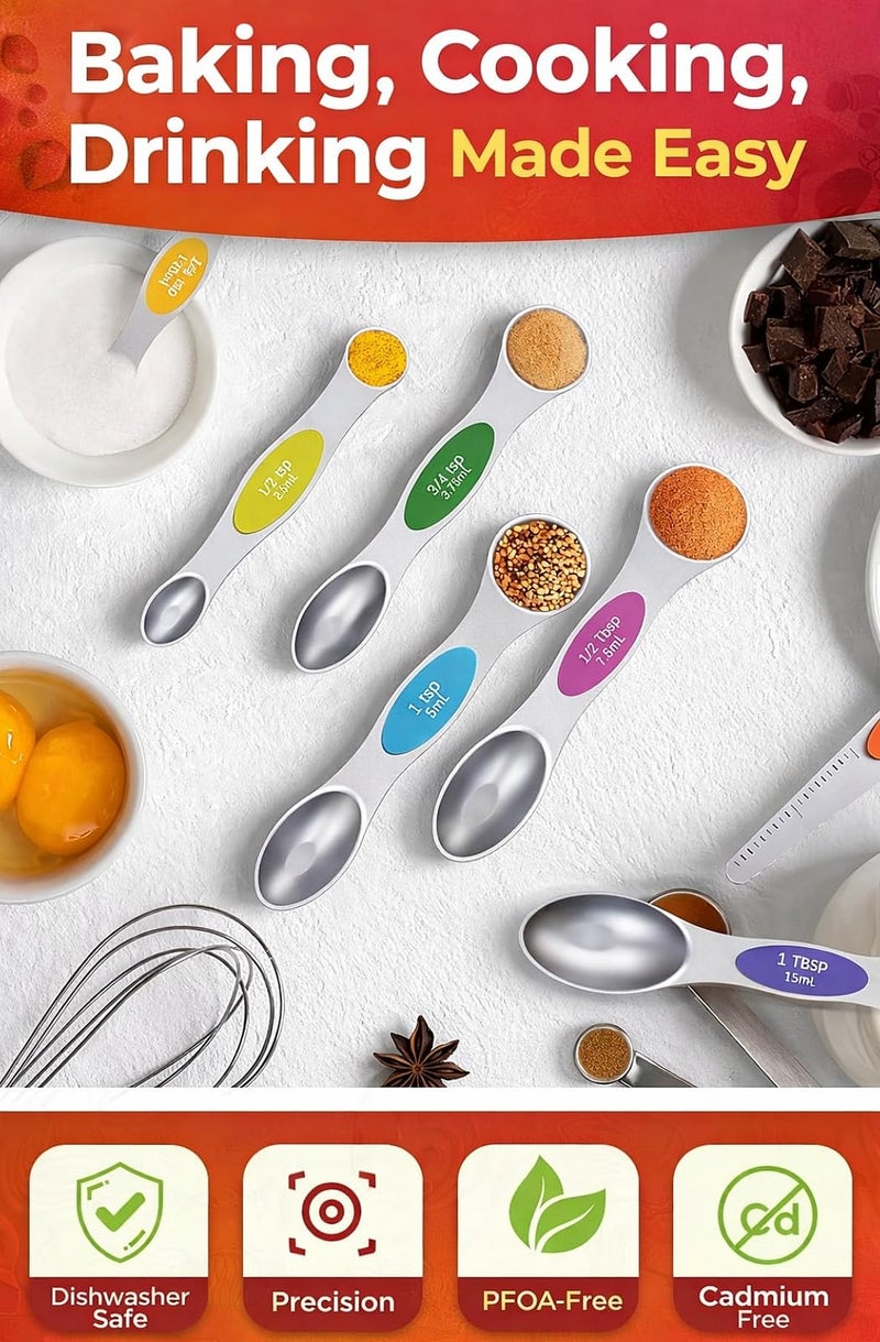 Howgoody Premium Magnetic Measuring Spoons Set|Strong N52 Magnets|Heavy Duty Stainless Steel|Dual-Sided for Spice Jar & Liquid Measuring|Dishwasher Safe|7 Spoons with Leveler for Baking & Cooking (Colorful) - Image 2