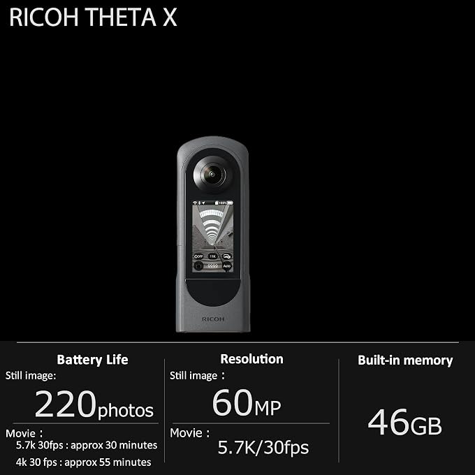 RICOH Theta X 360 Camera - 11K High-Resolution (60 Megapixels), 5.7K Video, OLED Touch Screen, Built-in GPS, Interchangeable Battery, External Memory | 11K Stills, 5.7k/30fps Video, 2.25 Touch LCD, Built-in GPS, Swappable Db-110 Battery, 46GB Int Plus Microsd, (60 Megapixels) - Image 2