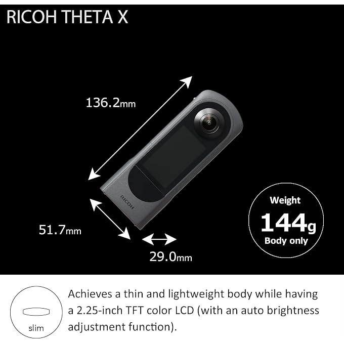 RICOH Theta X 360 Camera - 11K High-Resolution (60 Megapixels), 5.7K Video, OLED Touch Screen, Built-in GPS, Interchangeable Battery, External Memory | 11K Stills, 5.7k/30fps Video, 2.25 Touch LCD, Built-in GPS, Swappable Db-110 Battery, 46GB Int Plus Microsd, (60 Megapixels) - Image 3