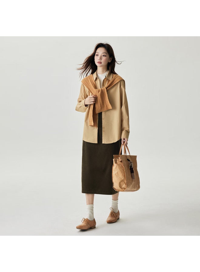 Inman Pure Cotton Corduroy Women's Skirt Spring Autumn Commuting Versatile Comfortable Mid-length A-line Skirt Military Green XL - Image 3