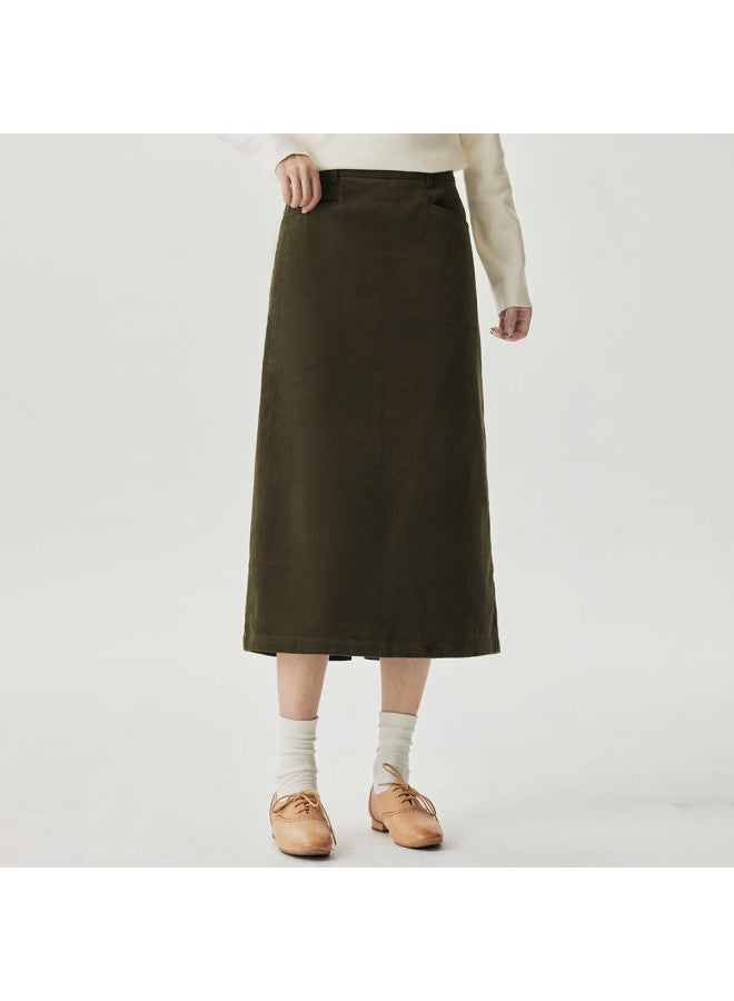 Inman Pure Cotton Corduroy Women's Skirt Spring Autumn Commuting Versatile Comfortable Mid-length A-line Skirt Military Green XL - Image 1